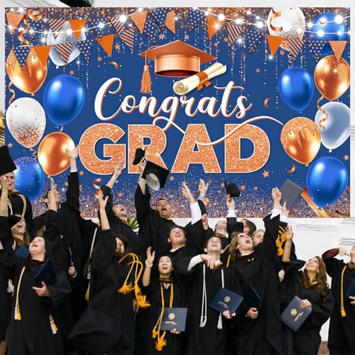 Image of AIBIIN Congrats Grad Backdrop Blue Orange Gold Glitter Balloons Congratulations Graduation Party Decorations Background for Photography Graduation Decorations 2026 Party Supplies 70.8x43.3 Inch