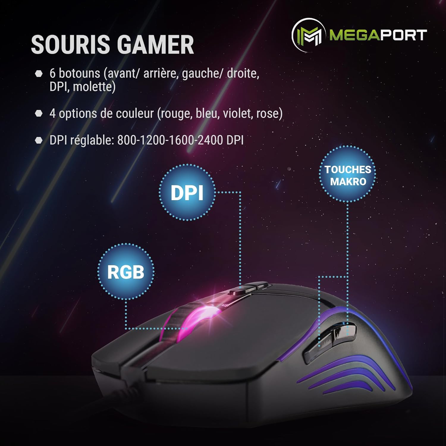 Ensemble Clavier et Souris de Jeu – Rétroéclairage LED RVB, Disposition QWERTY (FR), Souris de Jeu à 7 Boutons avec éclairage LED 4 Couleurs et DPI réglable (800/1200/1600/2400)