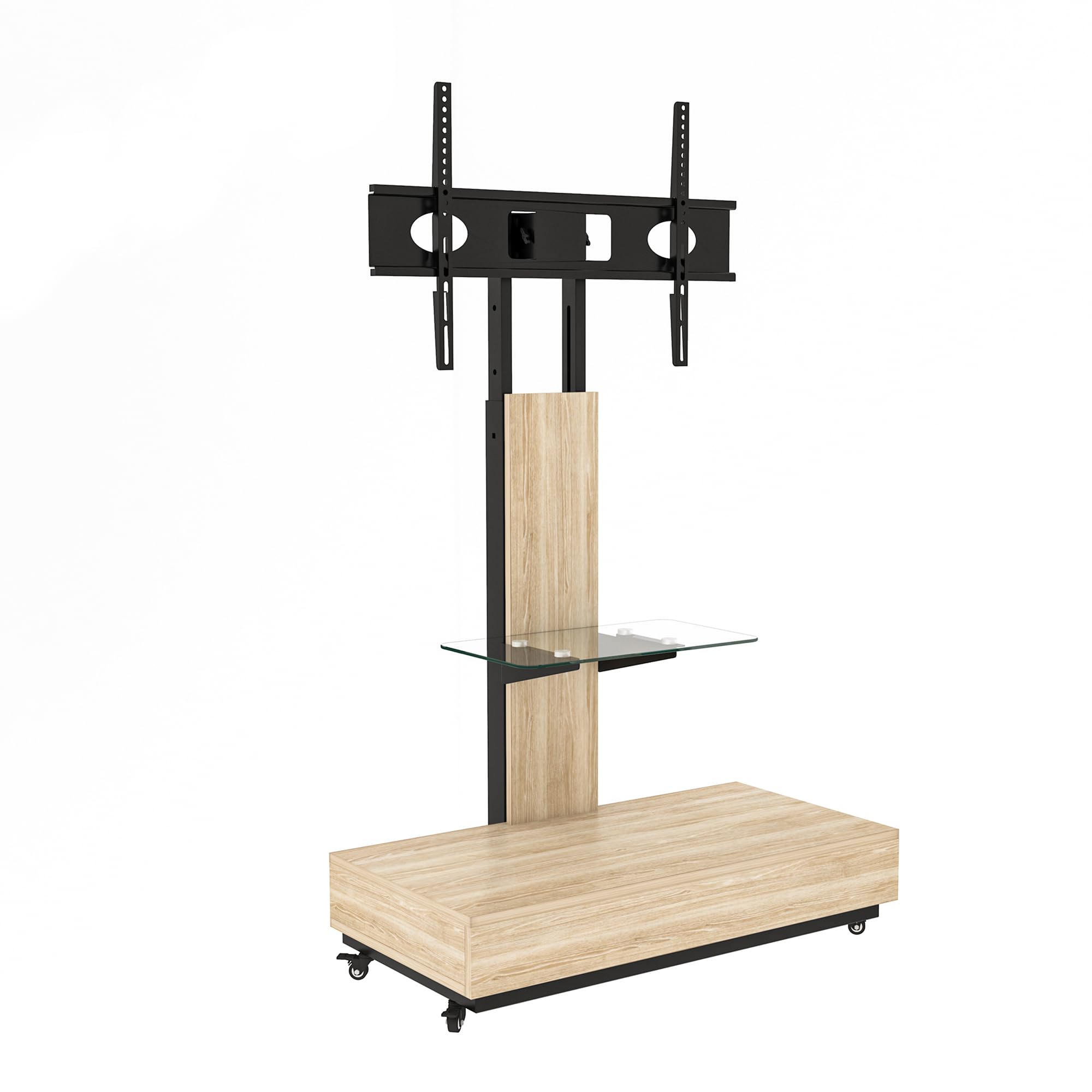 Verstellbarer TV-Ständer mit Rollen, Schiebeschublade und Schwenkhalterung für 32-75 Zoll Fernseher – Höhenverstellbar, Lenkrollen mit Feststellfunktion Holzfarbe/Schubladen