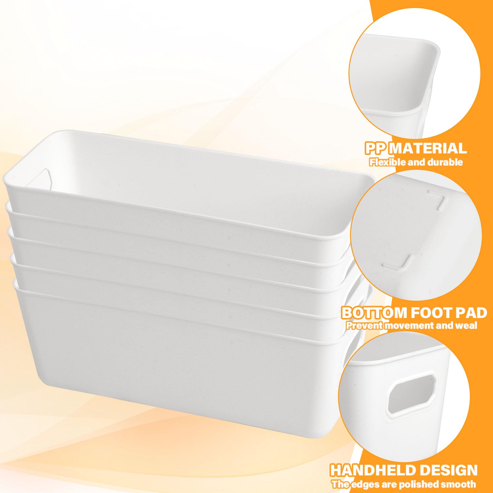 W&H 5 PCS Plastic Storage Boxes, White Rectangle Bathroom Storage Baskets with Handle, Kitchen Cupboard Boxes - Image 3