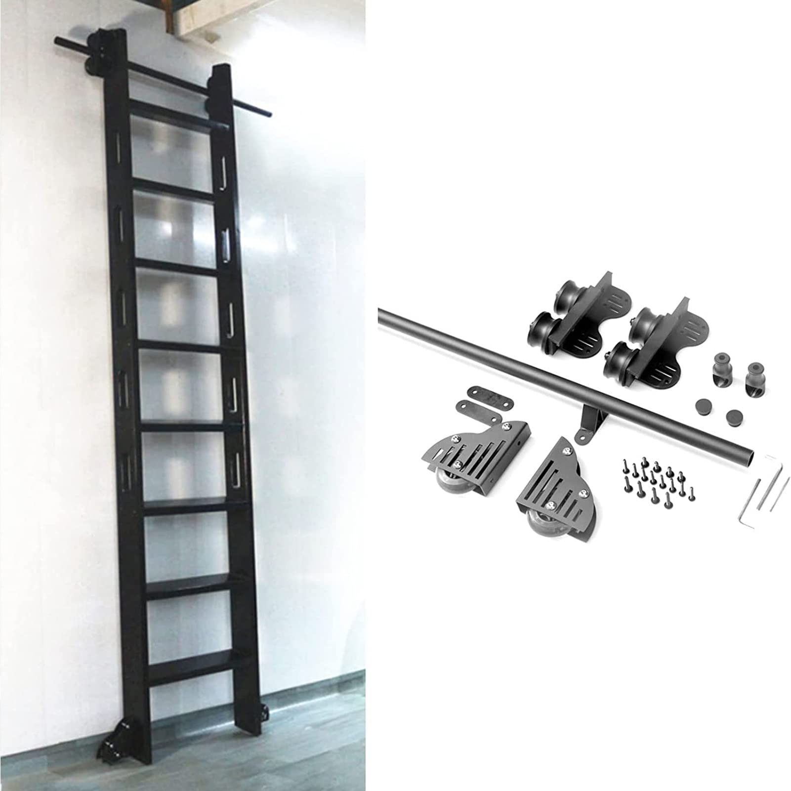 DFGHNBVC Sliding Library Ladder Hardware Kit - Heavy-Duty Steel Rolling Track & Floor Casters For 3.3-20Ft Barn Doors, 10Ft/300Cm Retractable Extension Rail,Onecolor-6.6Ft/200Cm Track Kit