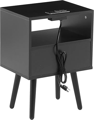 Miniatura 6 de Meihua Juego de 2 mesitas de noche de ratán con estación de carga, mesa auxiliar bohemia con cajón decorado de ratán hecho a mano, mesa auxiliar