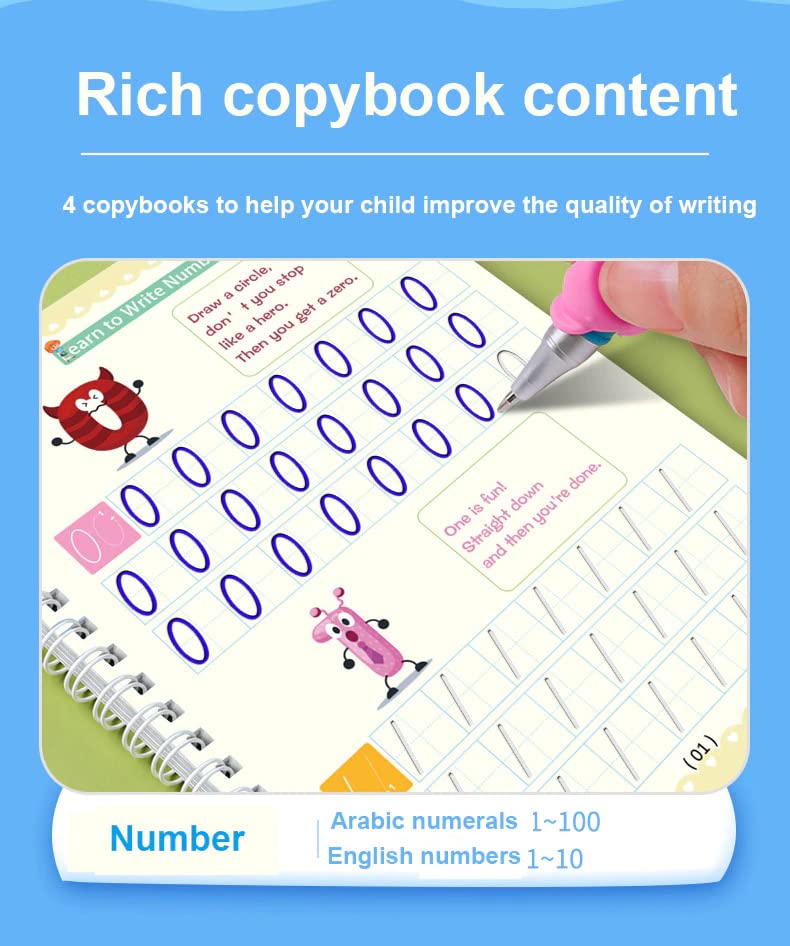 Image of VGRASSP Magic Practice Copybook For Preschoolers, Number & Letter Tracing Book (4 Book + Pen + 10 Refill + Grip)