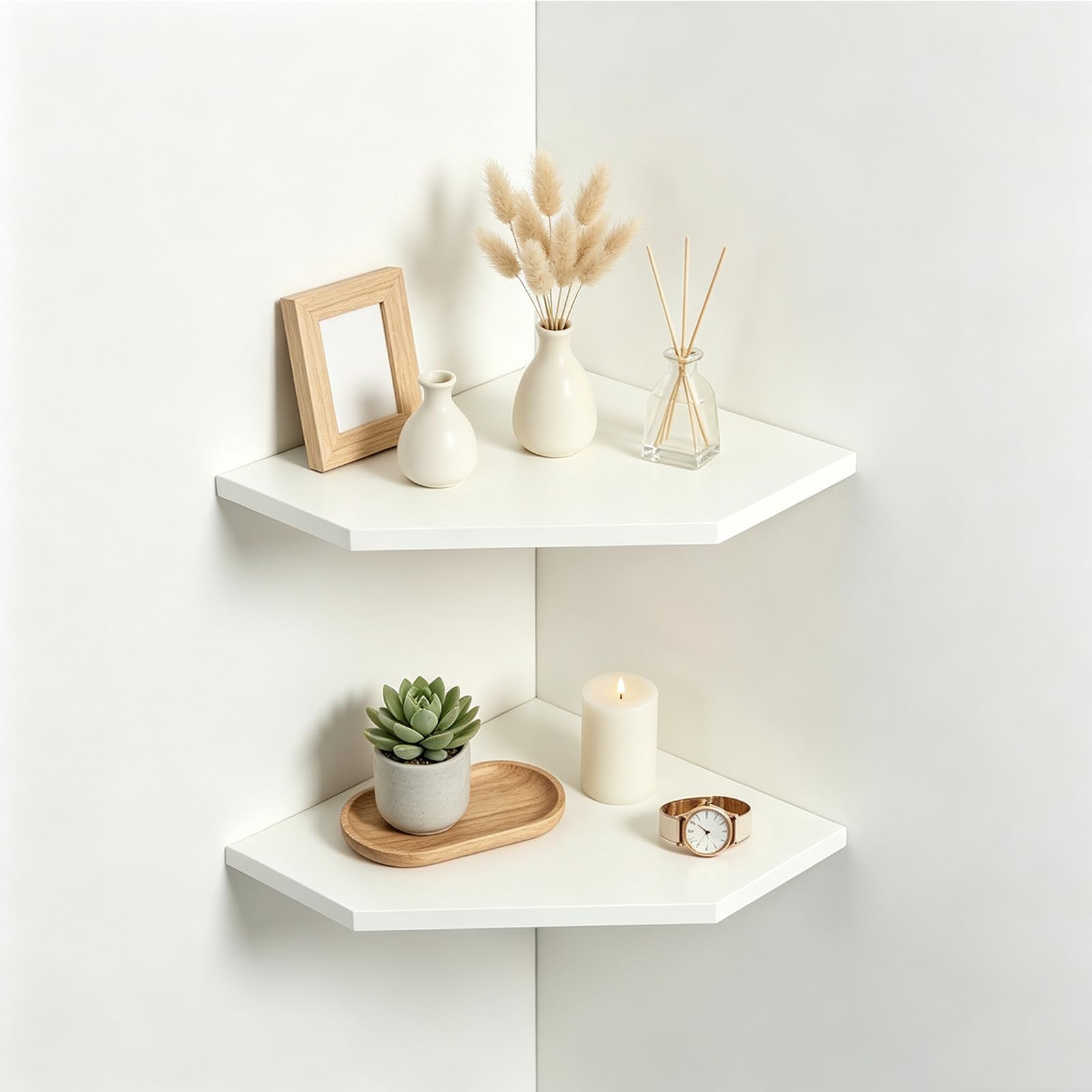 2Pcs Floating Corner Shelves, Wall Mount, for Kitchen Living Room (White)
