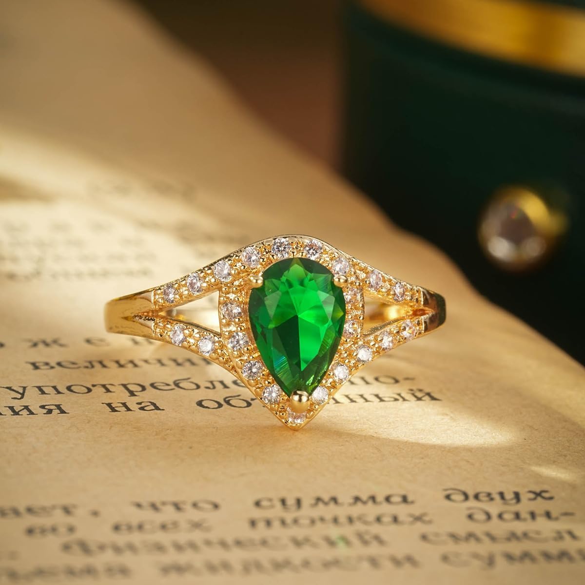 Plated Gold Teardrop Simulated Emerald Cubic Zirconia Halo Ring for Women Pear Shape Green Gemstones Wedding Engagement Promise Ring Finger Jewelry Size 6-10 - Image 2