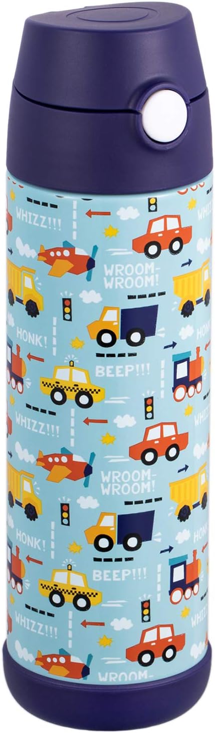 Snug Kids Water Bottle - insulated stainless steel thermos with straw (Girls/Boys) - Vroom, 17oz