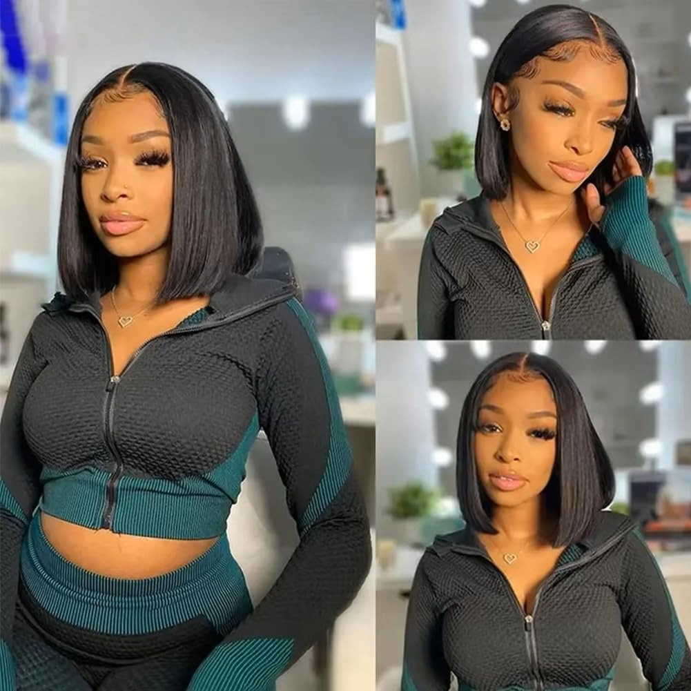 12 Inch Straight Bob Wigs Human Hair 13X4 HD Frontal Lace Wig Short Shouder Length Bob Wigs For Women Glueless Bob Lace Front Wigs Human Hair Pre Plucked 180% Density Middle Part Natural Black
