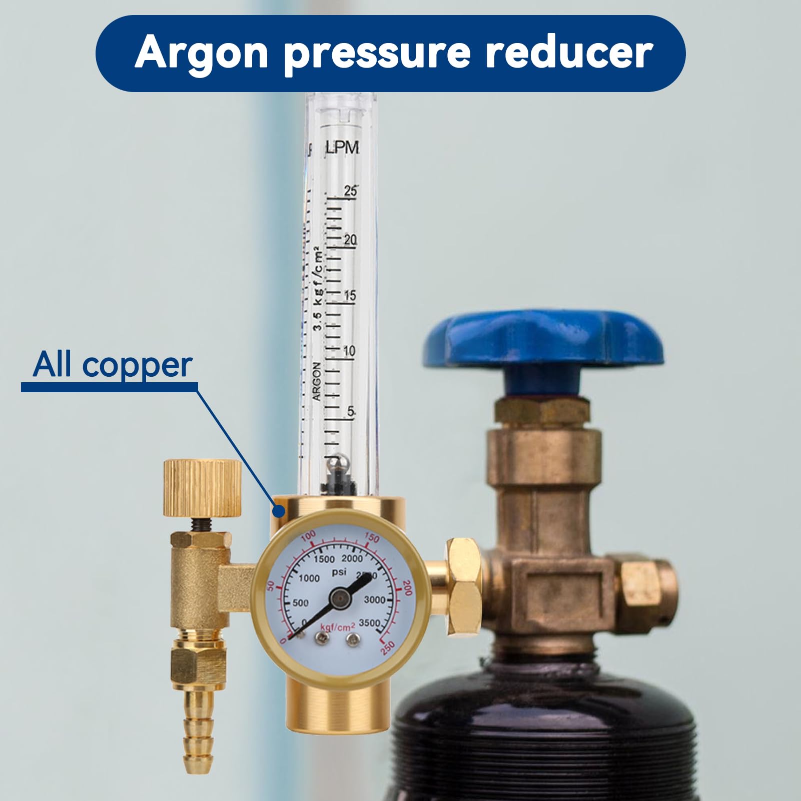 Agatige Argon Flowmeter Regulator, Argon CO2 Mig Tig Flow Meter Gas Regulator Gauge All Brass Argon Pressure Reducer Gas Flowmeter Welding Gas Regulators G5/8 Male Thread CGA580 Connector