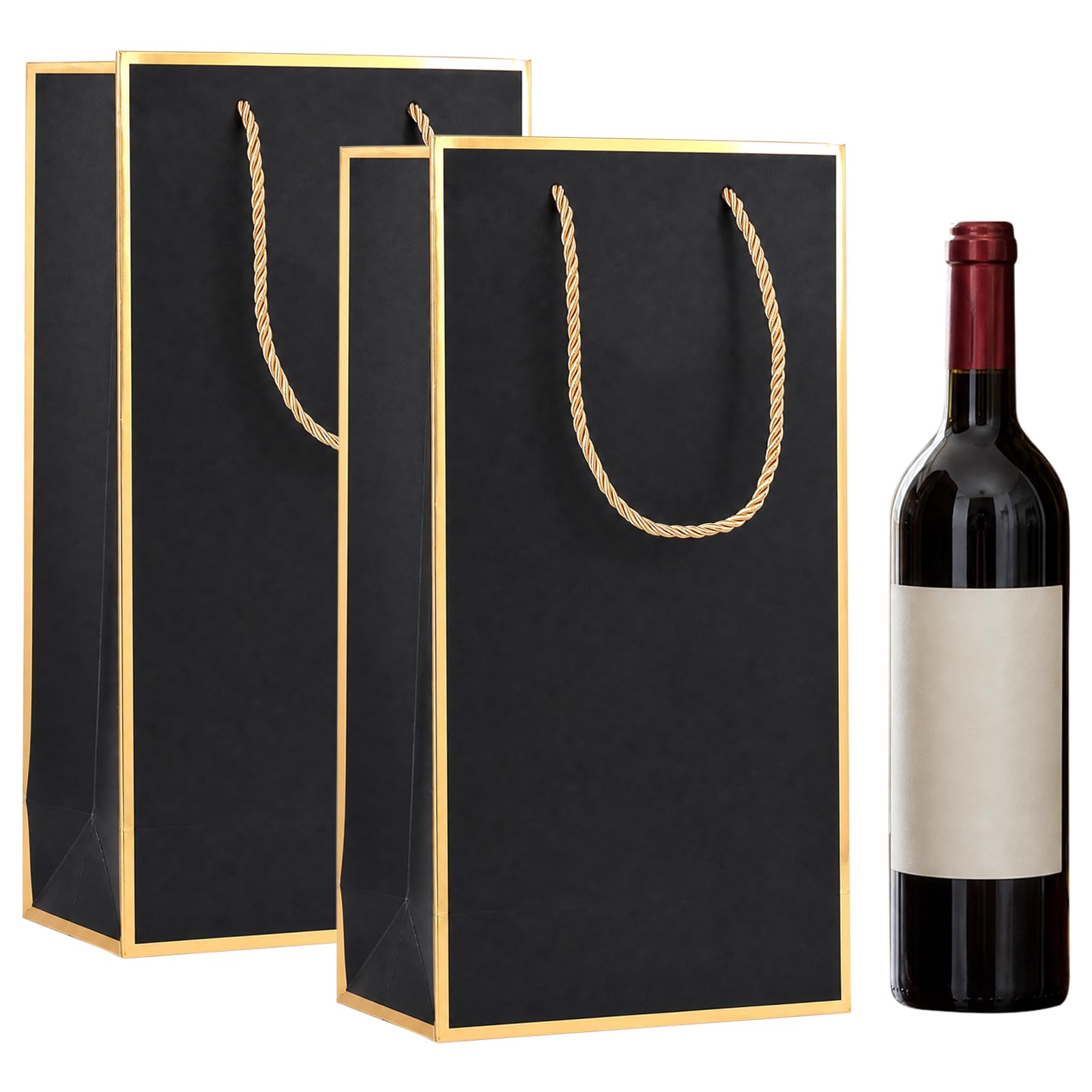 KIPTVO 2PCS Wine Gift Bags, 17×9×35cm Luxury Black Bottle Bags with Gold Trim, Reusable Wine Bottle Gift Bag with Handles for Wedding, Party, Birthday, Liquor & Champagne