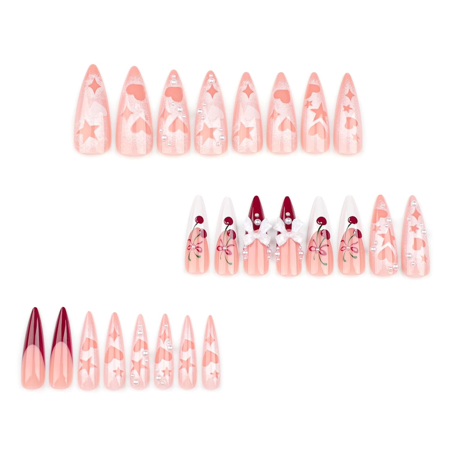 Long Press on Nails Stiletto Fake Nails Pink False Nails French Tip Acrylic Nails with 3D Bow Cherry Design Glue on Nails Heart Star Full Cover Stick on Nails for Women Manicure 24Pcs