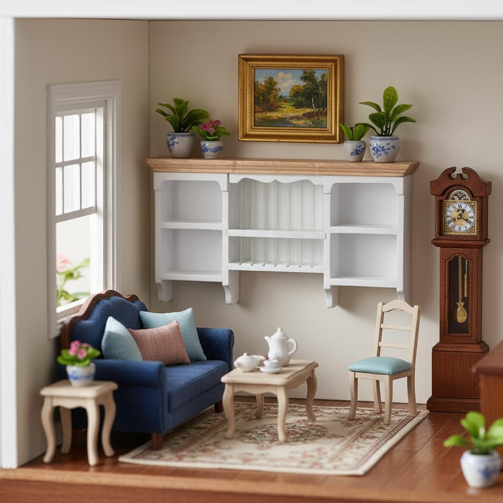 1/12 Miniatura Storage Cabinet Wall Mounted Hand Painted Dollhouse Cupboard Crafted Mini Shelf(White)