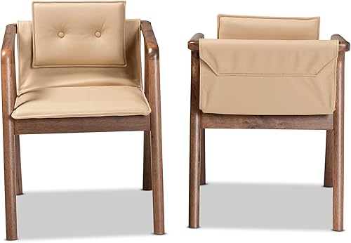 Miniatura 2 de Baxton Studio Marcena - Juego de sillas de comedor tapizadas de piel sintética beige y acabado marrón nogal, juego de 2 sillas de comedor