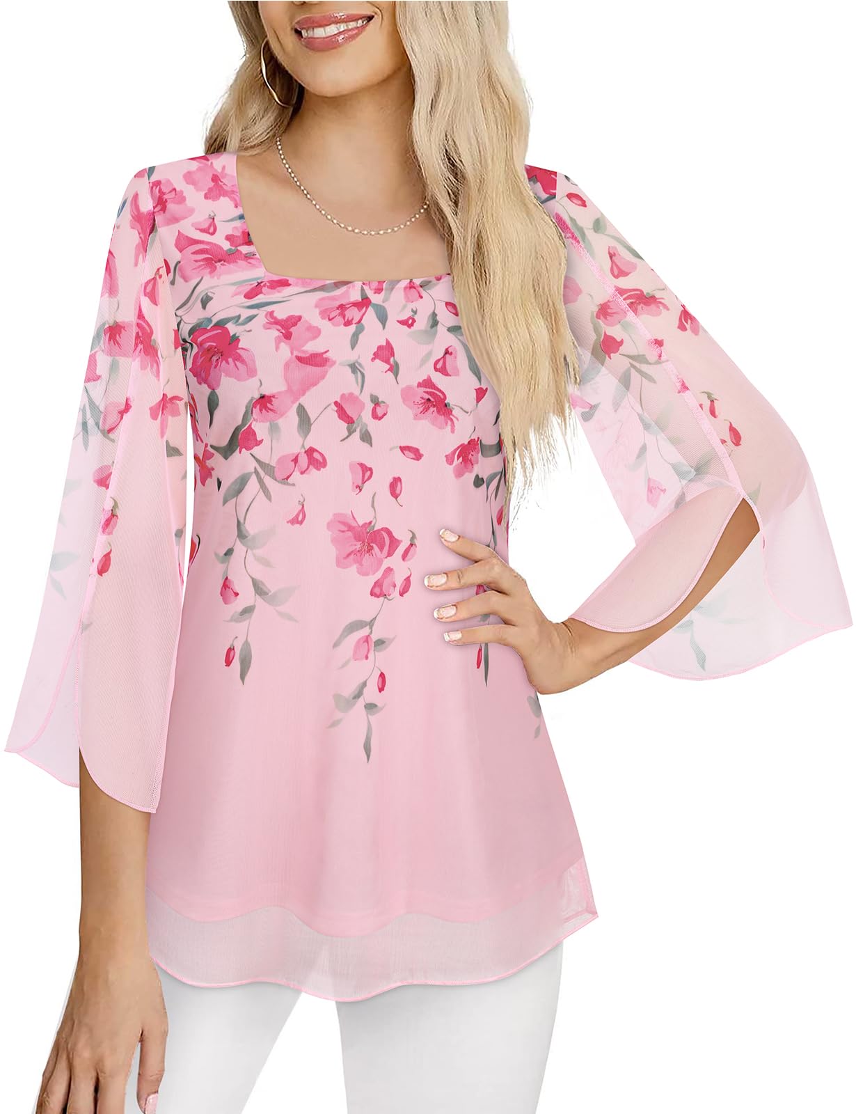 Syphiby Damen-Blusen mit Rüschen, 3/4-Ärmel, Tunika, Tops, locker, fließend, quadratischer Ausschnitt, Chiffon, doppellagig, Netzhemden, M-3XL