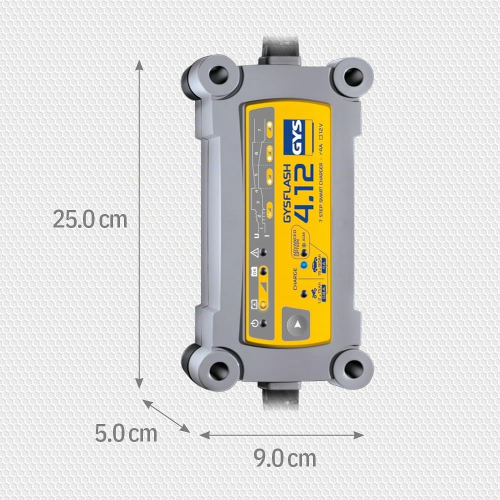GYS, GYSFLASH 4.12, Chargeur de Batterie Intelligent Plomb (VRLA, AGM, SLA, Gel, Liquide, EFB), 0,8A/4A, Véhicules 12V (Moto, Voiture), Maintien de Charge Sécurisé, Désulfatation, IP65