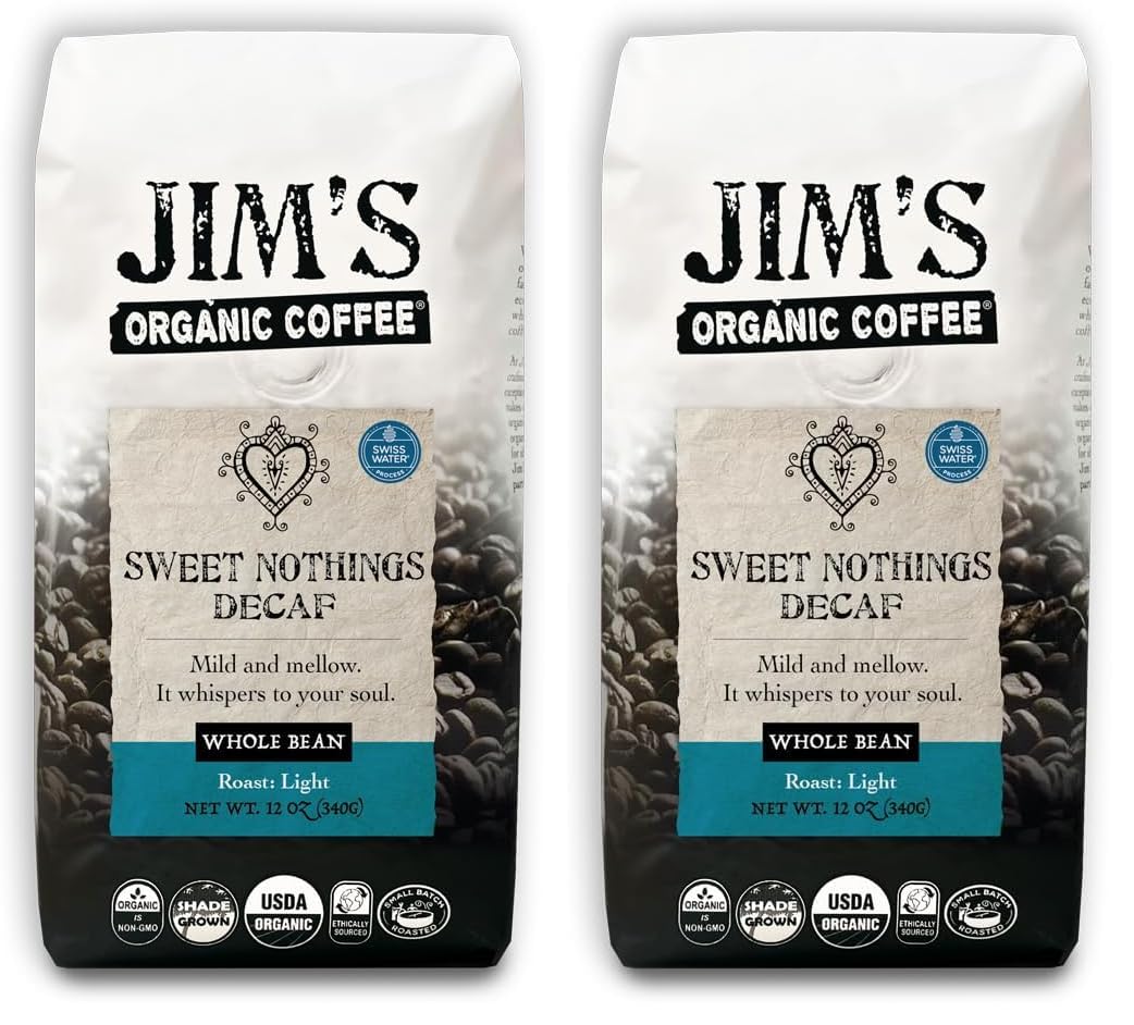 Jim’s Organic Coffee – Sweet Nothings Decaf – Light Roast, Whole Bean (12oz) - 100% Arabica Coffee Beans - USDA Organic – Kosher – Swiss Water Process Decaffeinated Coffee Beans (Pack of 2)