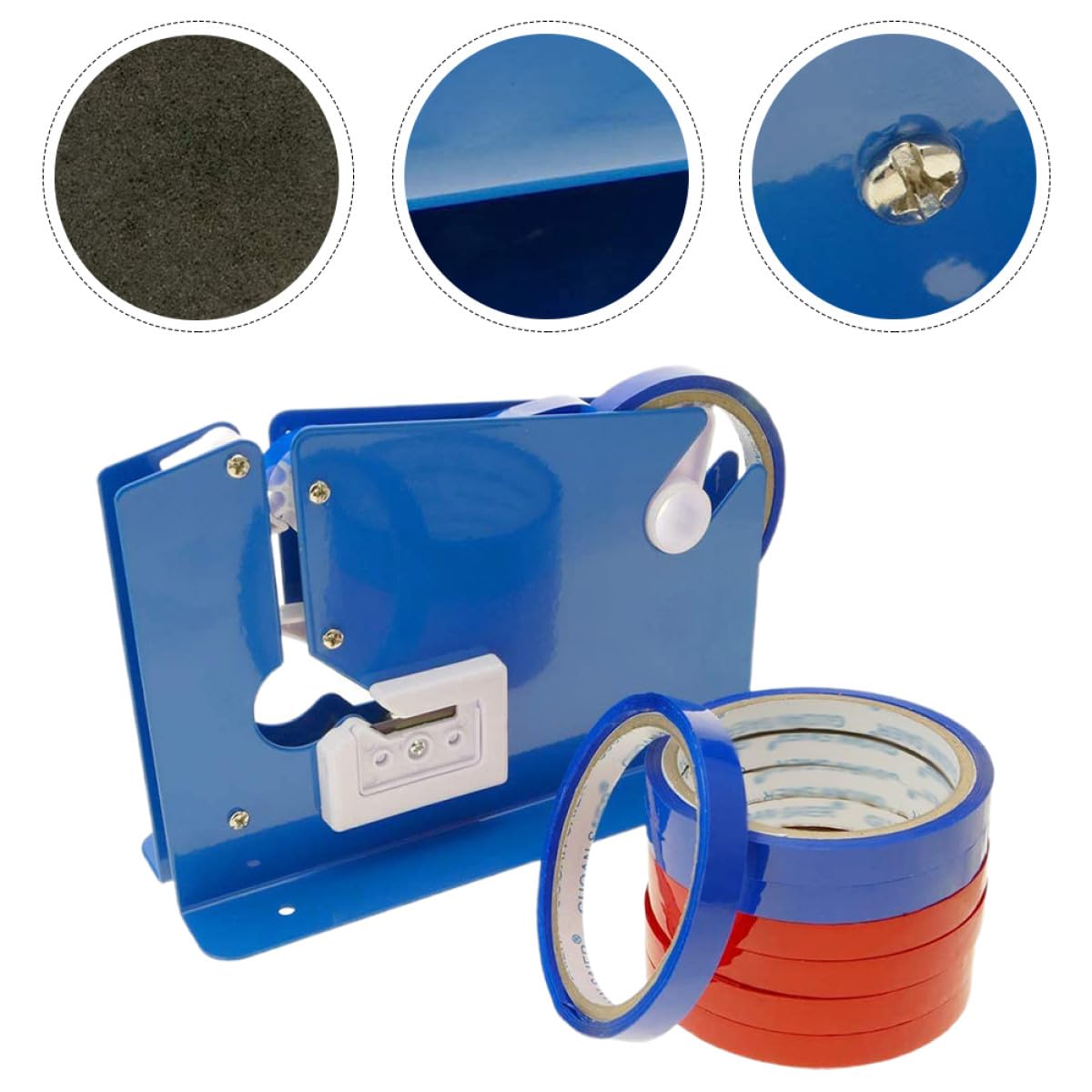 PRETYZOOM Máquina Cortadora y Dispensadora de Cinta Adhesiva 12 Mm, Incluye 8 Rollos de Cinta Azul y Roja, Cortador Compacto para Sellado y Embalaje, Sellador de Bolsas para Oficina