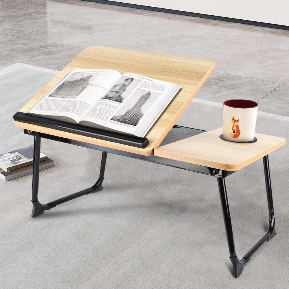 Table de lit Pliable et réglable, Plateau pour Ordinateur Portable avec Plateau inclinable, tiroir, Bureau de lit en Bambou,Support d'Ordinateur (56 * 33 * 24cm)