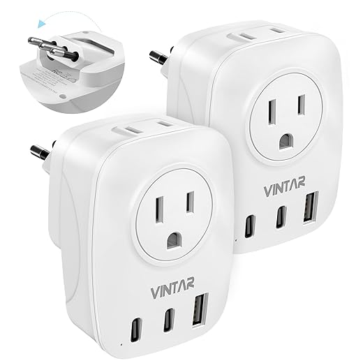 [2 Pack] Italy Travel Plug Adapter, VINTAR Foldable Italy Power Adapter with 2 AC Outlets 3 USB Ports(2 USB C), 3 Prong Grounded Type L Plug Adapter for US to Italy Rome Uruguay Chile