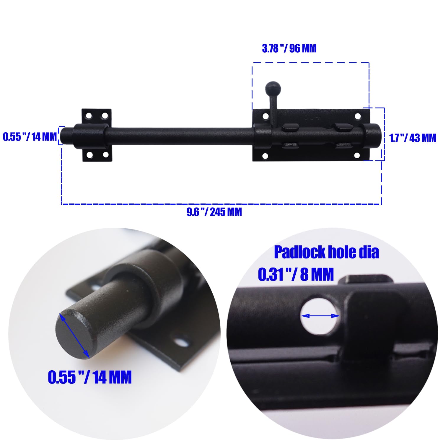 25,4 cm großer Schieberiegel, schwarz, robuster Zylinderriegel mit Vorhängeschloss, 304 Edelstahl, Schieberiegel, Torriegel, verdicktes Türschloss, Hardware für Zaun/Scheune/Schuppen