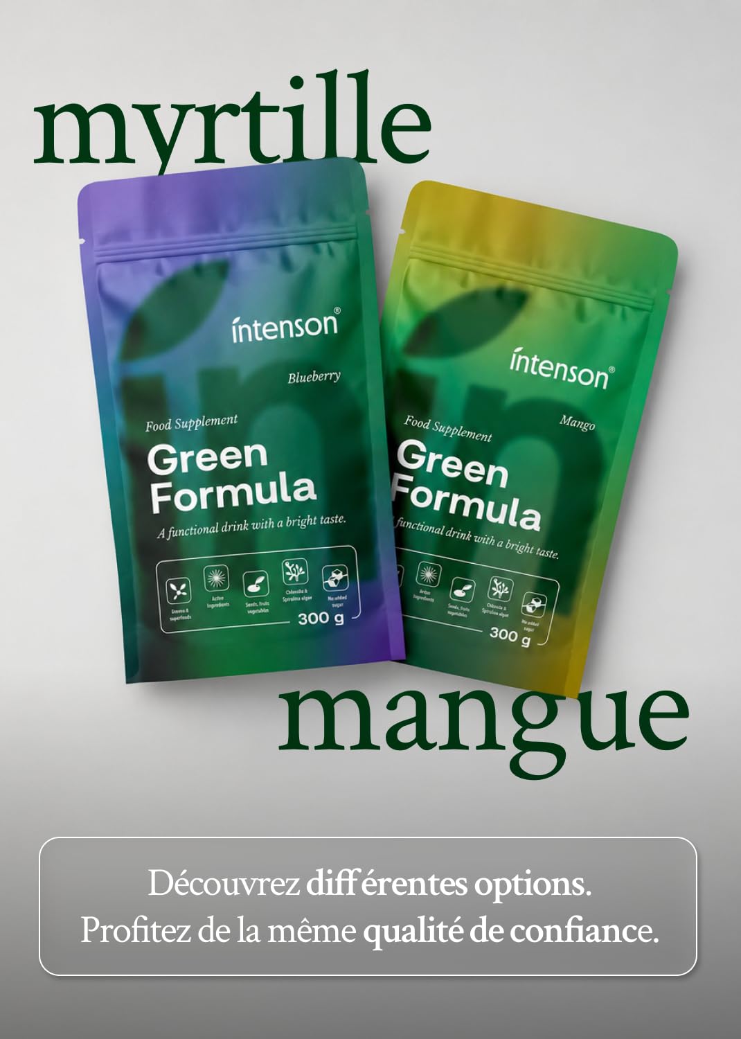Intenson Green Formula Myrtille, Super Greens en Poudre, Mélange de Superaliments avec Chlorella, Spiruline, Ashwagandha avec OPC et Moringa, Sans Sucre, Naturellement Sucré, 300 g