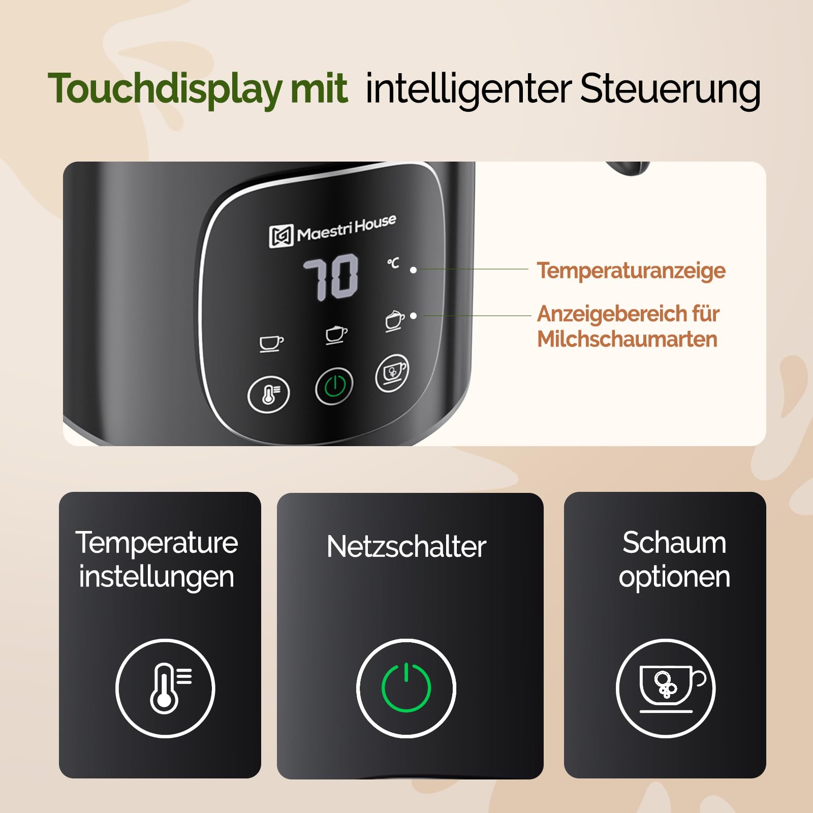 Maestri House Milchaufschäumer Elektrisch 4-in-1 14.1OZ/400ML Milchaufschäumer Smart-Touch-Steuerung Schaum Maker, Memory Funktion für Latte, Cappuccino, Warme Milch, Heiße Schokolade,DualFro 400