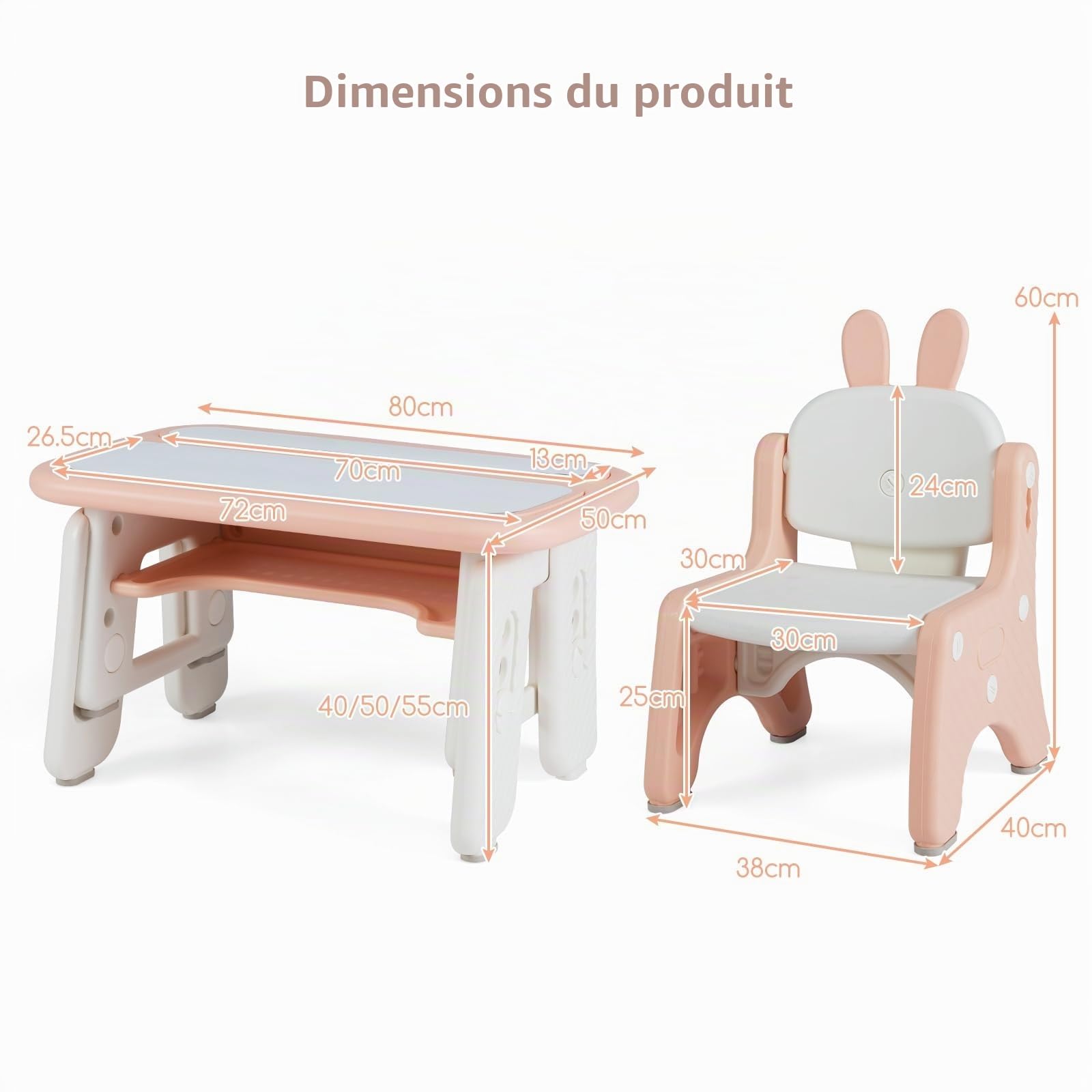 LIFEZEAL Table Enfant avec Chaise Lapin, Bureau Enfant avec Hauteur Réglable et Etagère, Table à Dessin Magnétique Effaçable avec Stylos, Gomme, Lettres, Charge de 70/68 kg, 1-12 Ans (Rose)