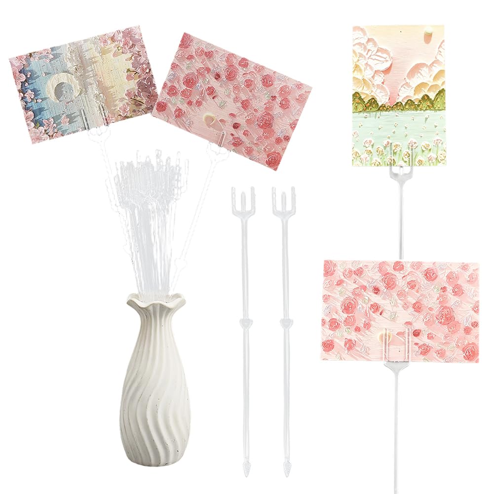 HOBBIESAY 80 Pcs Floral Card Holder Picks 12.2 Inch Plastic Straight Head Flower Card Holder Photo Stick Clear Fork Shaped Cards Clips for Floral Bouquet Arrangement Mother's Day Wedding Birthday