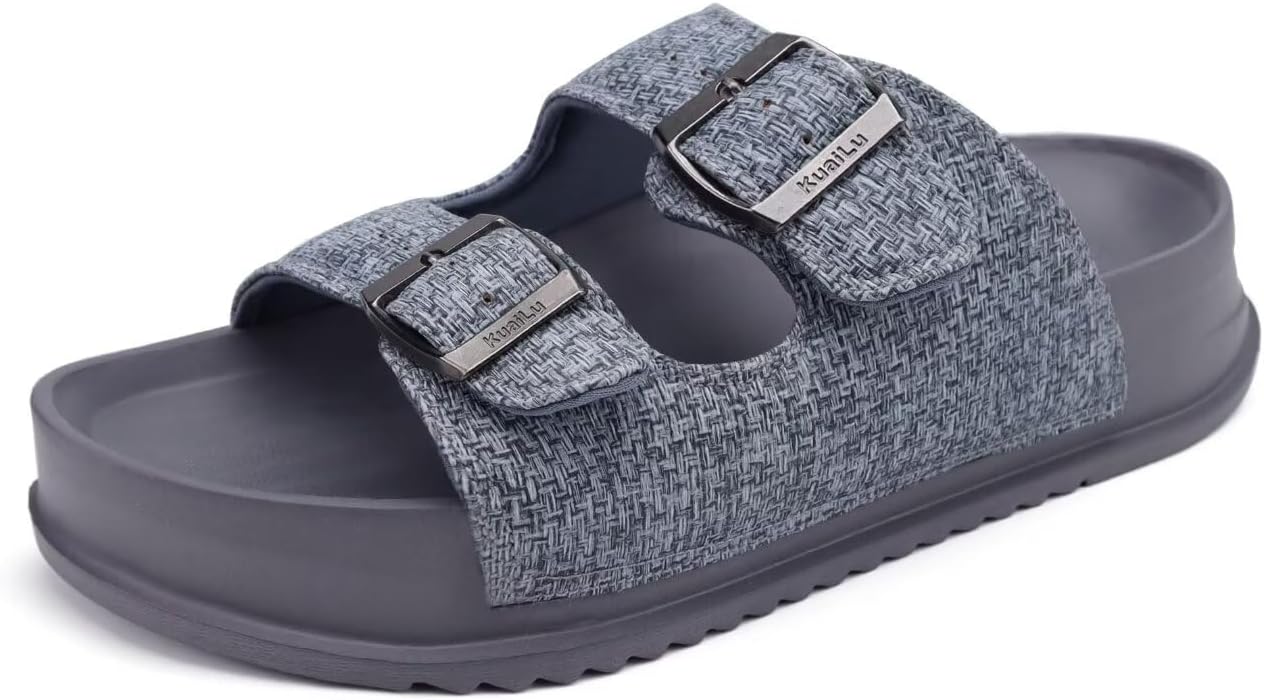 KuaiLu Womens Sandals with Arch Support Comfortable Orthopedic Cushion Recovery Slides Summer Fashion Leather Double Buckle Casual Slip On Plantar Fasciitis Shoes for Indoor&Outdoor (US Size 6-12)