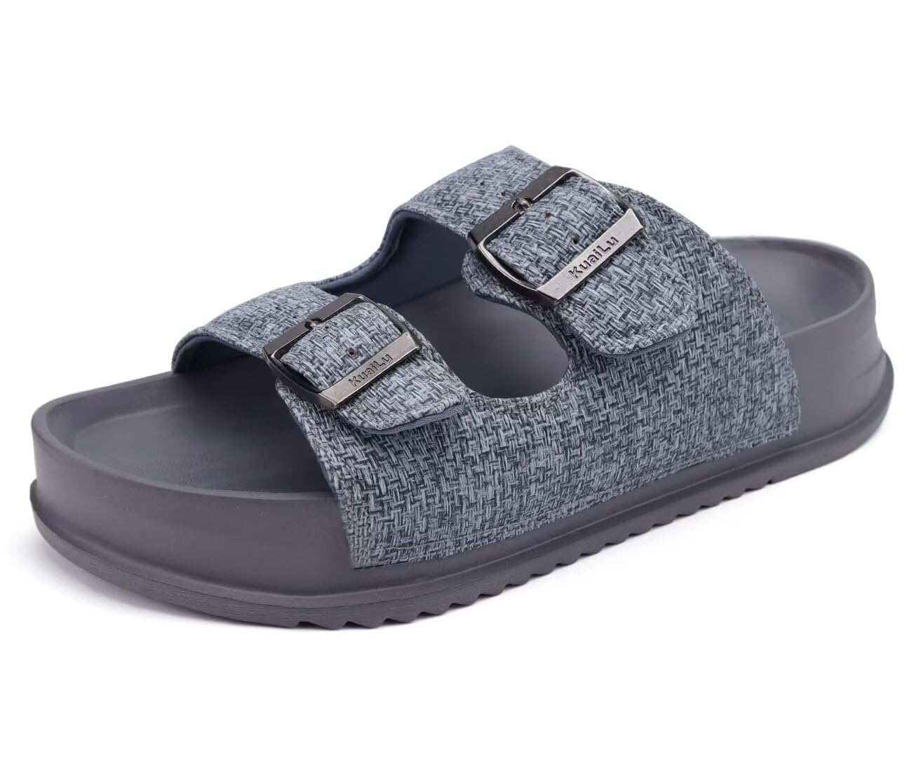 KuaiLu Womens Sandals with Arch Support Comfortable Orthopedic Cushion Recovery Slides Summer Fashion Leather Double Buckle Casual Slip On Plantar
