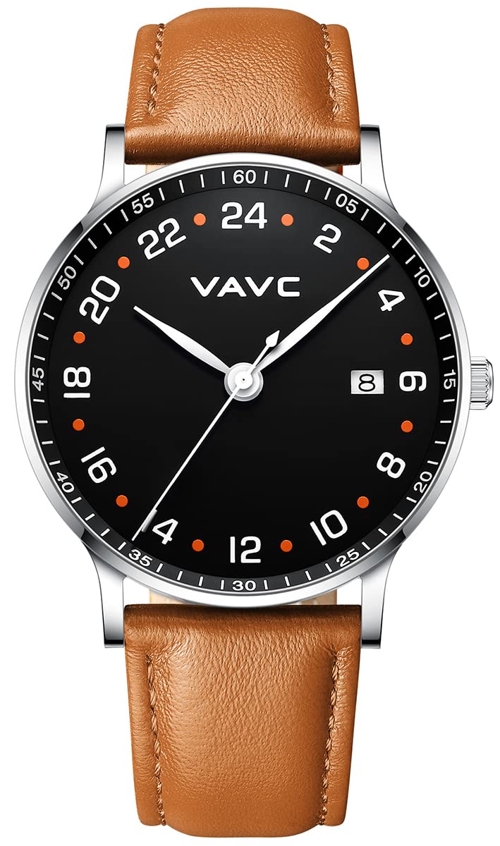 VAVCVAVC 24 Hour Watch Unisex Swiss Quartz Movement Waterproof Watch with Black Leather Strap for Men Women