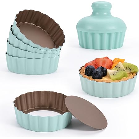 CGGYYZ Mini Round Tart Pan with Removable Bottom, Nonstick Mini Pie Pans for Baking, Carbon Steel Quiche Pan Set for Cupcake Muffin Cakes and Desserts, Including 6 Tart Pan and 1 Tart Tamper (Green)