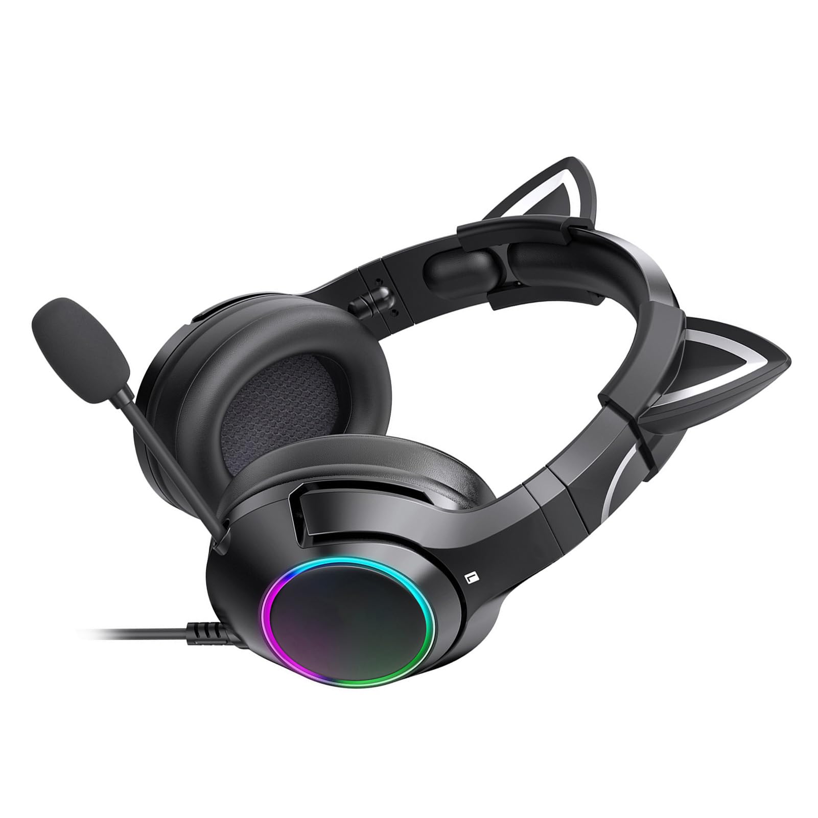 Gaming-Headset mit Mikrofon, abnehmbare Katzenohr-Kopfhörer, Katzenohr-Design mit RGB-Beleuchtung, Verstellbarer Kopfbügel-Kopfhörer 7.1 Surround Sound, leichte Over-Ear-Kopfhörer (Schwarzer