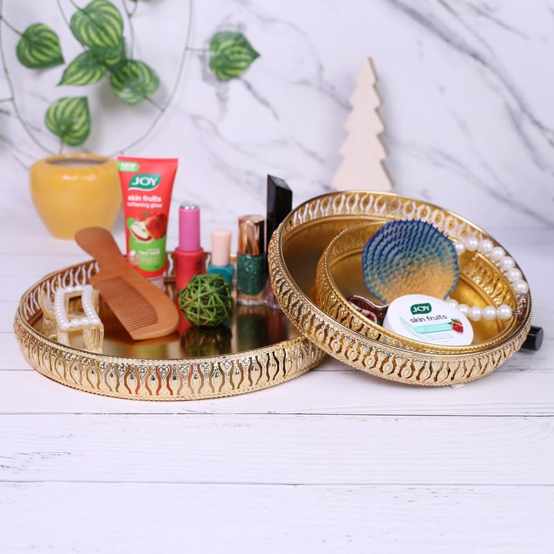 Image of R Ayurveda Copper 3-Piece Premium Golden Metal Tray Set | Decorative Round Trays for Serving, Gifting, and Home Decor
