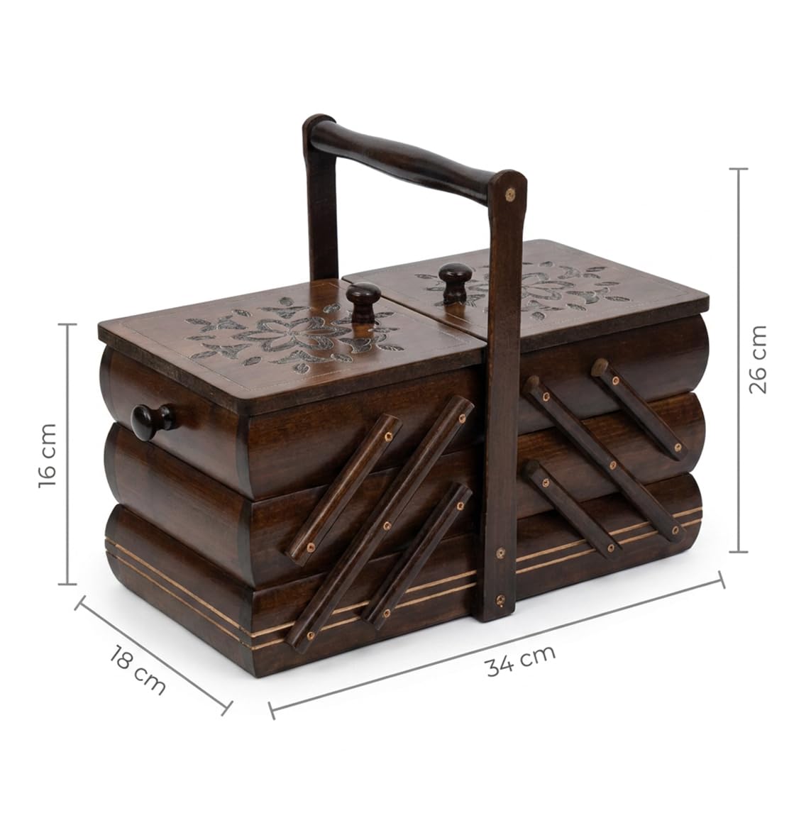 NICIARKA DREWNIANA rozkładana kuferek krawiecki organizer 34x18x26 cm brąz