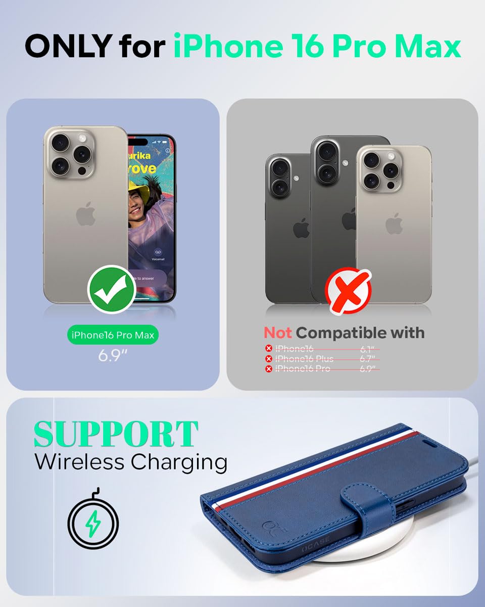 OCASE for iPhone 16 Pro Max Case, PU Leather Wallet, Magnetic Flip Folio Cover with RFID Blocking, Card Holders - Image 2