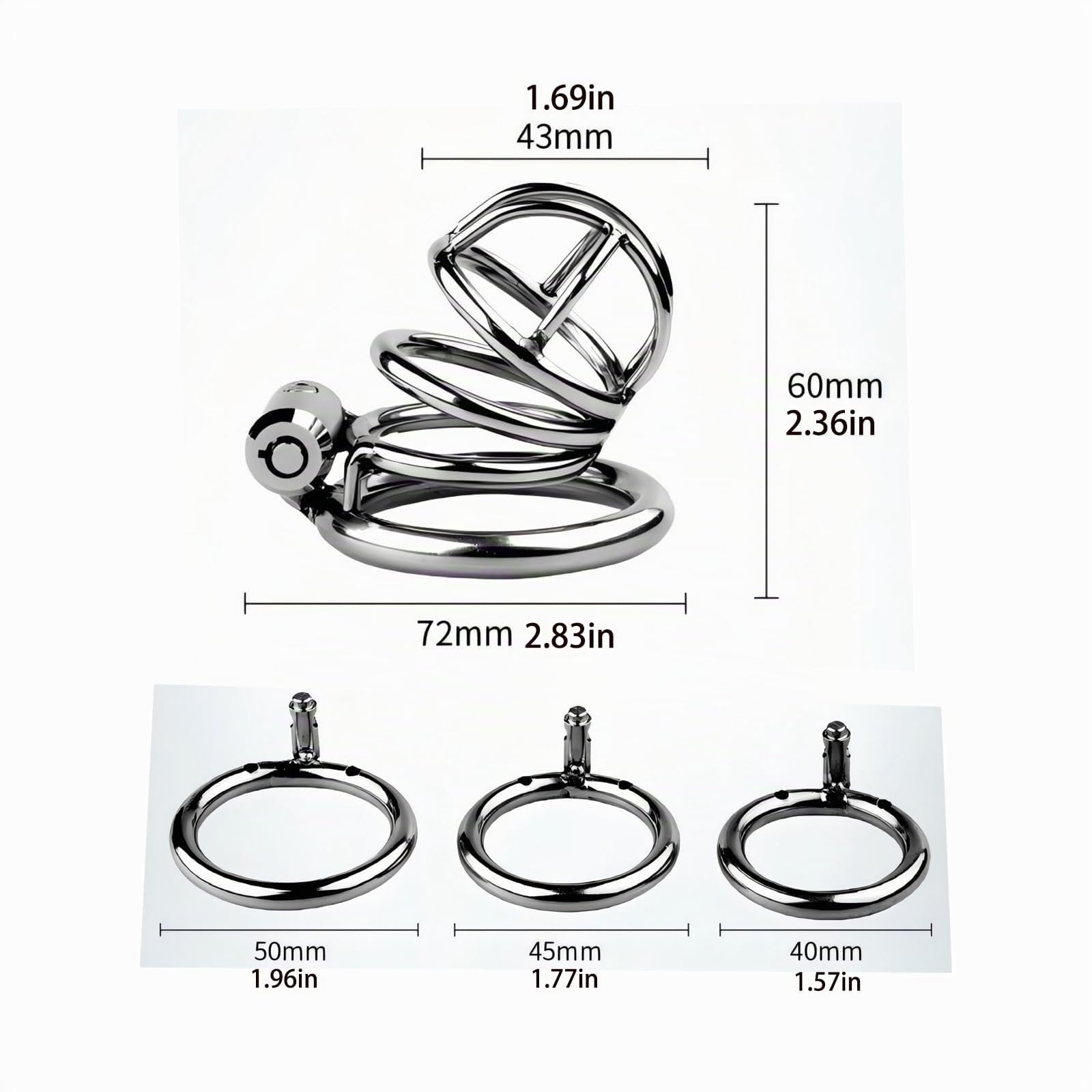 Cage de Chasteté Pénis en Métal Cages de Chasteté avec 3 Ring de Taille Différente Ceinture de Chasteté avec Push-Pull Lock pour Homme Sex Toys Cage Chastetée (3 Rings)