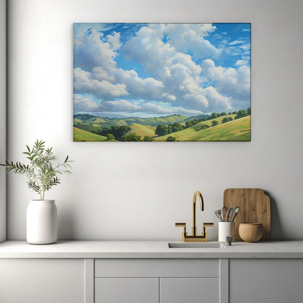 Canvas for Living room. Whispers of Serenity: A Digital Panorama of Verdant Hills and Blissful Skies, 27 x 18 inch Canvas Wall Art - Contemporary Masterpieces - Modern Home Decor