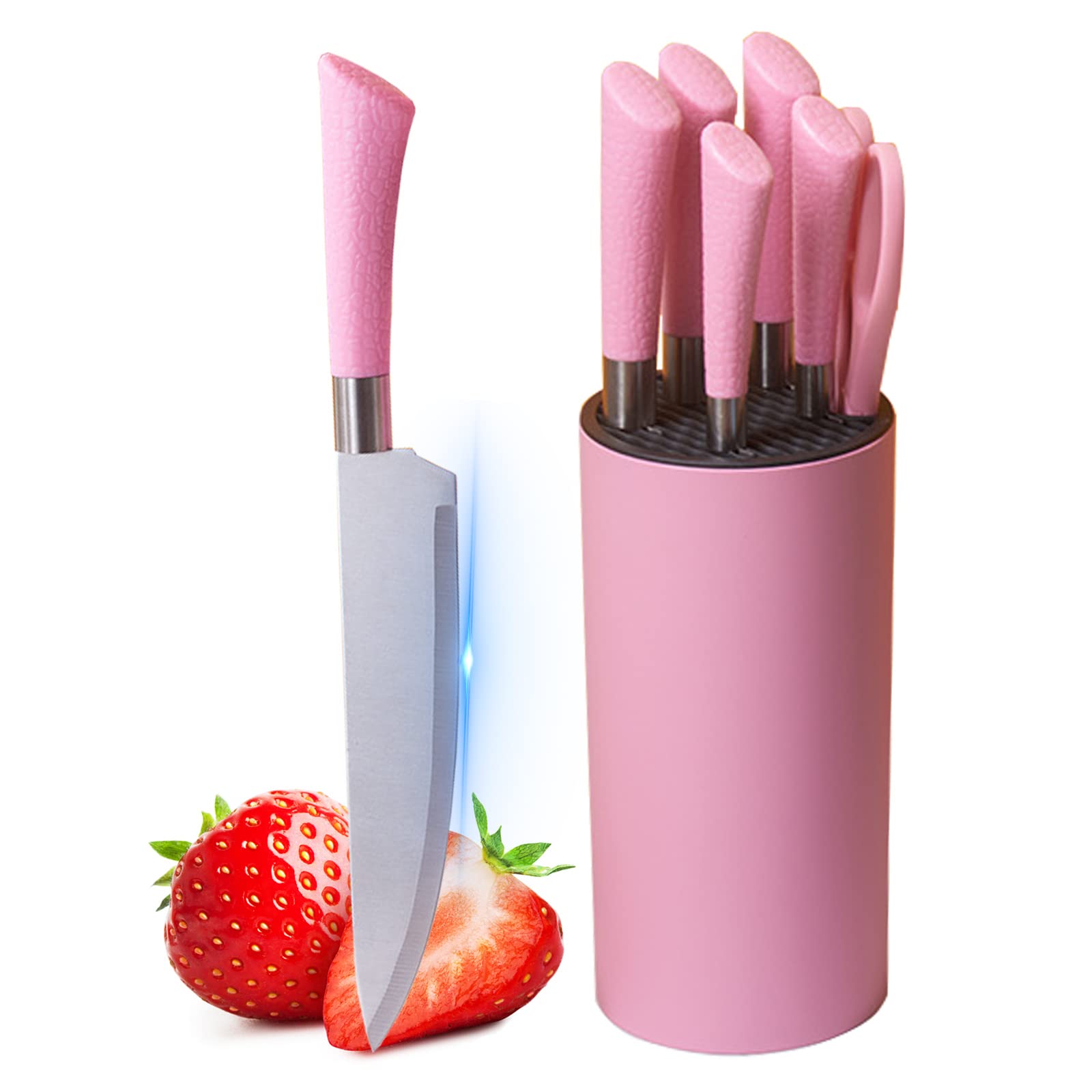 Kitchen Knife Set, Retrosohoo 7-Pieces Pink Non-stick Chef Knife Set with Storage Block, PP Handle Ultra Sharp Stainless Steel Cooking Knives with Gift Box for Girls Women (Pink)