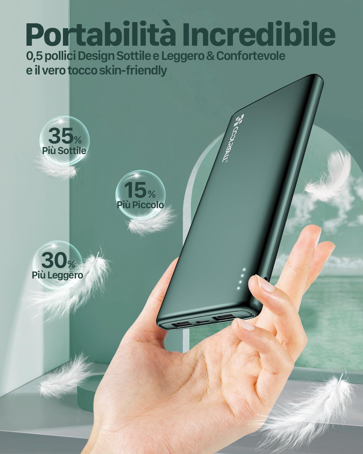 Coolreall Power Bank 10000mAh, [Sottile & Leggero] Caricatore Portatile, Batteria Esterna PowerBank con USB C Uscita/Ingressi (3.0A) & 2 Uscite (2.4A), Compatibile per iPhone, Samsung, Huawei, Xiaomi