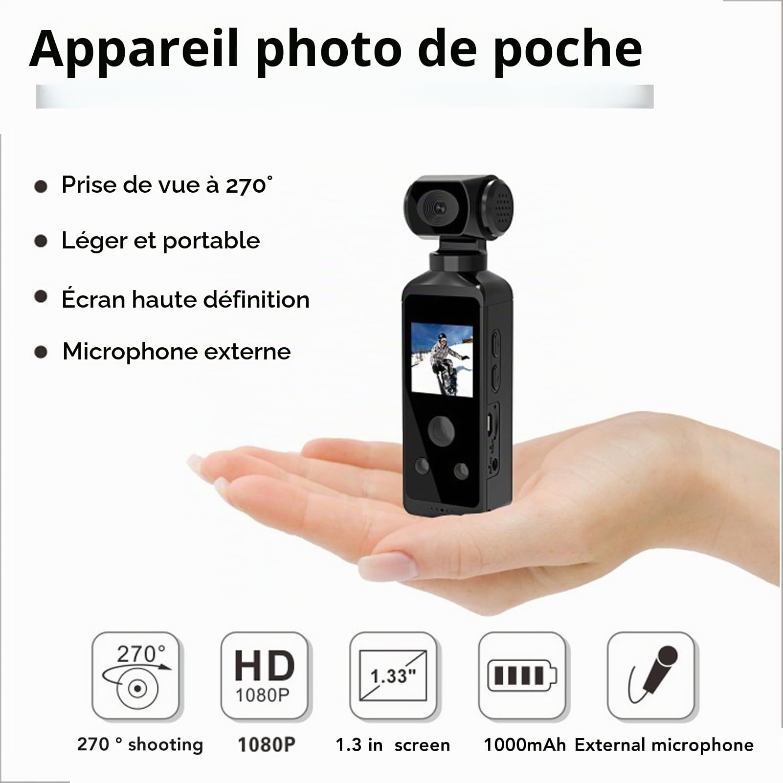 Yunir Caméra d'action de Poche, Caméra Portative Rotative à 270 ° 4K 16MP HD avec écran de 1,3 Pouces, Anti-secousses, Boîtier étanche, Support à Clip, pour la Prise de Vue en Plongée