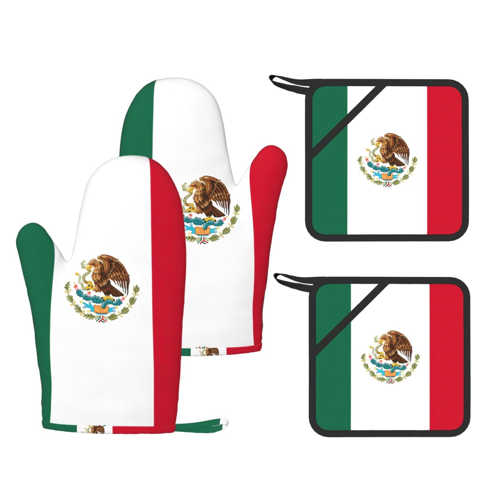 Flag of Mexico Printed Kitchen Oven Gloves and Potholder 4 Pcs, Non-Slip Heat Resistant Mitts for Baking Chef