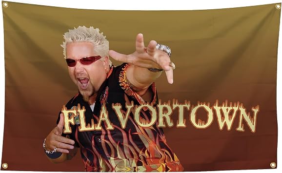 Guy Fieri Flavortown Flag ,3x5 Feet Funny Poster Durable Man Cave Wall Flag with Brass Grommets This beautiful entertaining banner for College Dorm Room Decor,Outdoor,Parties gifts, travel, filming, events, festivals..