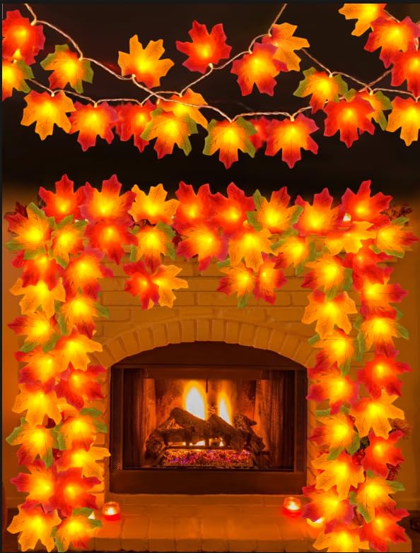 Fall Thanksgiving Decorations for Home 2Pack Total 20ft 40LED Enlarged Maples Leaf String Lights Battery Operated Maple Leaves Garland with Lights for Indoor Outdoor Autumn Halloween Christmas Decor