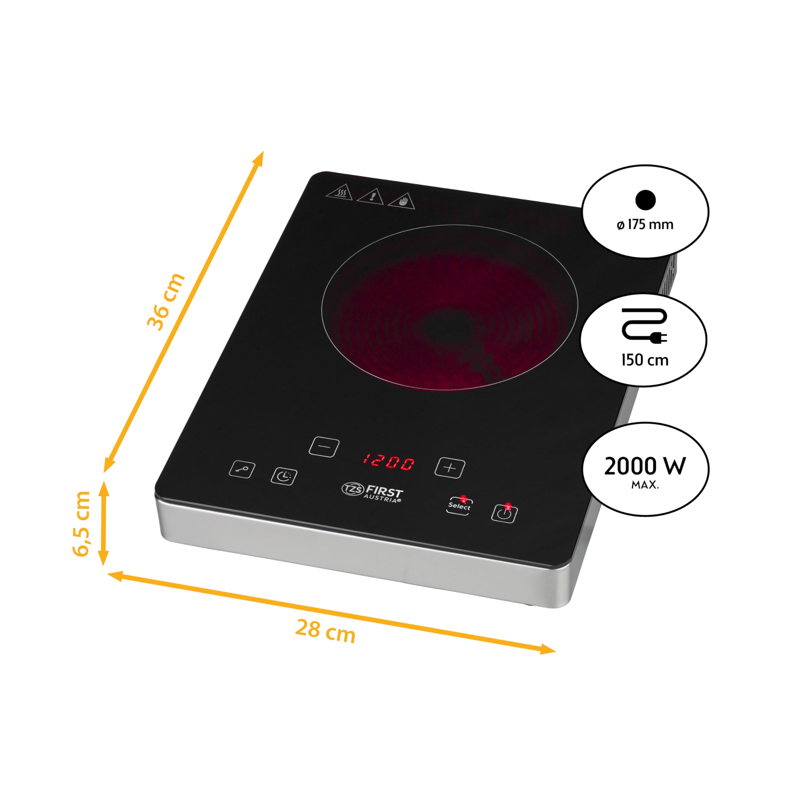 TZS First Austria Infrarot Einzelkochplatte 2000W - tragbare Glaskeramik Kochplatte mit Touch-Bedienfeld & LED Display - 175 mm - 8 Leistungsstufen - Timer, Kindersicherung, Überhitzungsschutz