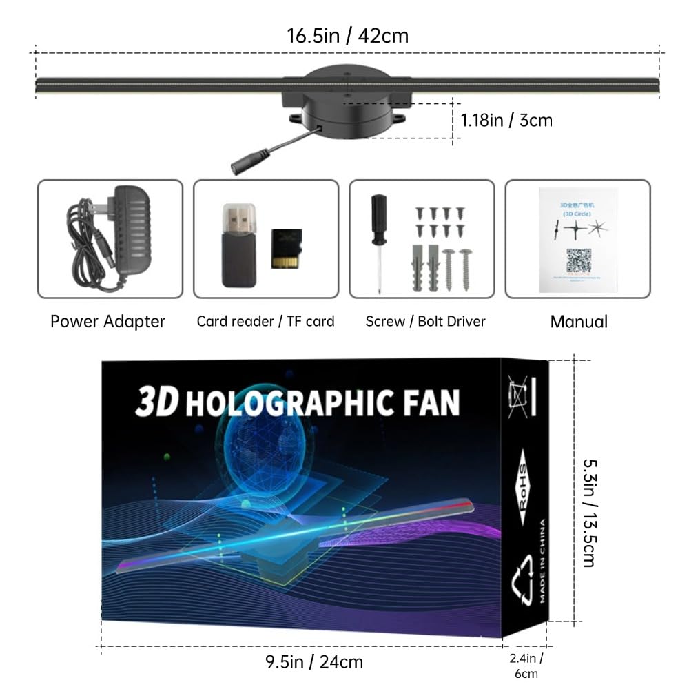 3D Hologram LED Fan Projector, 16.5in 3D Hologram Projector Advertising Display with Bluetooth WiFi, 2000 * 224PX Resolution, HD Led Fan Display for Shop,Bar, Party, Christmas