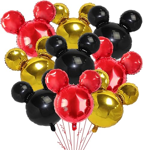 Paquete de 9 globos de papel de aluminio para fiesta de ratón, globos negros, rojos y amarillos de 27 pulgadas para fiesta de ratones de dibujos