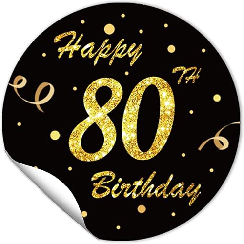 Calcomanías redondas de 1.5 pulgadas para cumpleaños número 80 (80 piezas), color negro y dorado, calcomanías de feliz cumpleaños de 80 años,