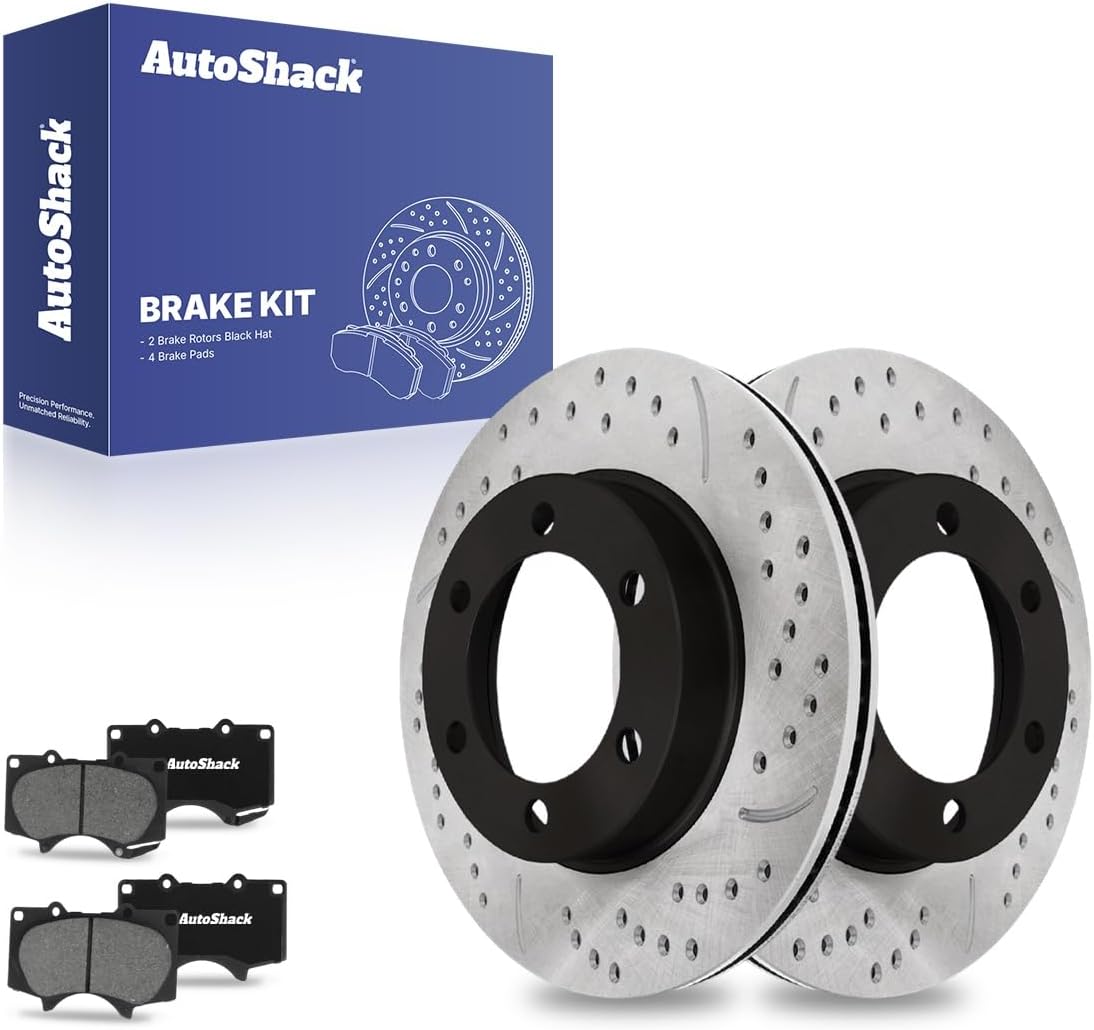 AutoShack Front Drilled & Slotted E-Coated Rotors with Ceramic Pads — Front 6‑Piece Kit for 2000–2006 Toyota Tundra / 2001–2007 Sequoia
