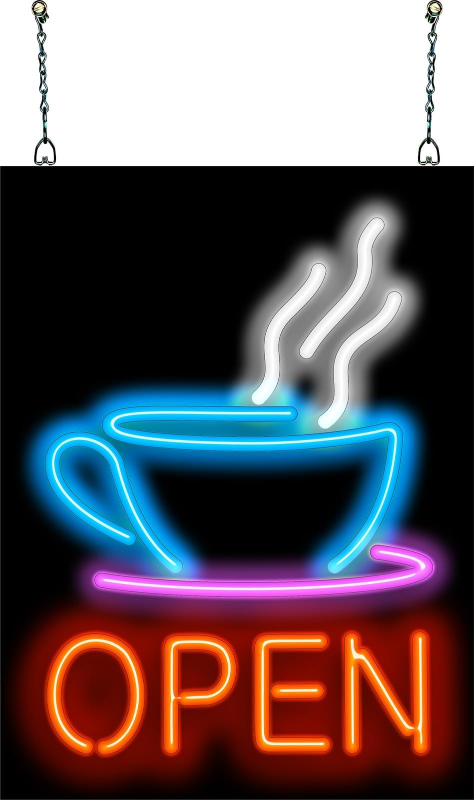 Coffee Cup Open Neon Sign with Graphic - 15" wide x 20" high - Real, Quality Hand Bent Neon Sign - Red Letters with a Blue, Purple & White Coffee Cup