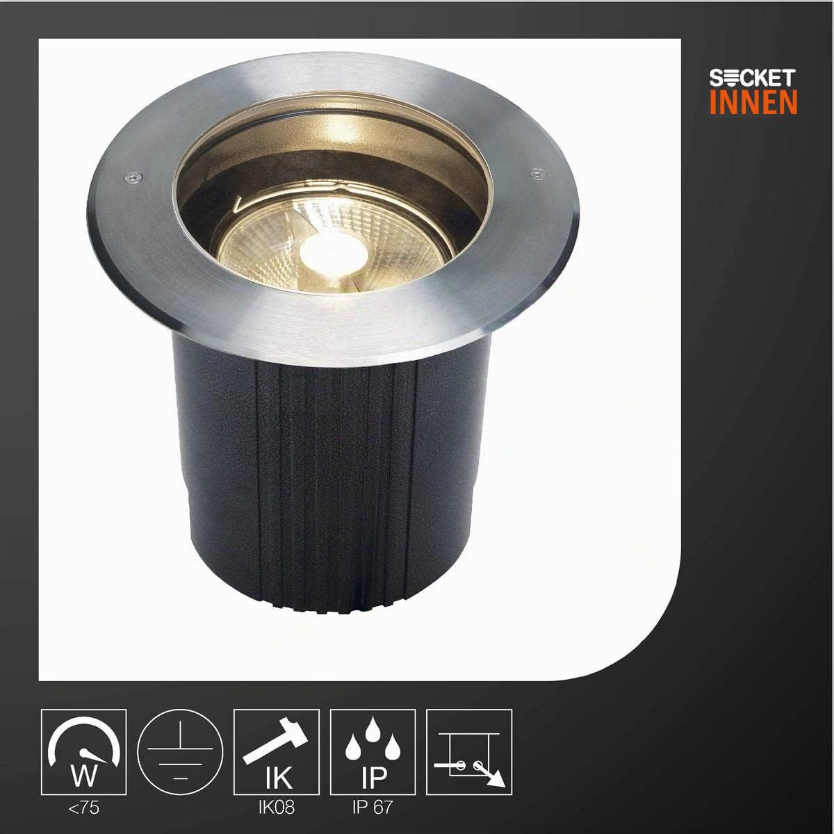SLV DASAR® 215 | Outdoor Bodeneinbaustrahler, Einbauleuchte aussen, Außenleuchte, Bodenstrahler, Bodenleuchte | GU10, IP67, rund, edelstahl 316, max. 75W, Silver